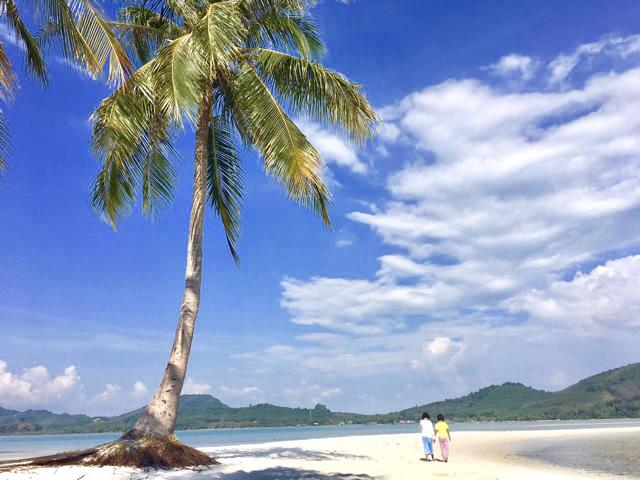 Strand mit Palme und Kinder, die sich an der Hand halten