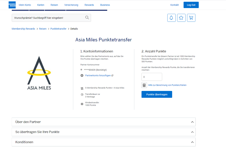 American Express Gold Card, Screenshot von dem Punktetransfer zu Asia Miles