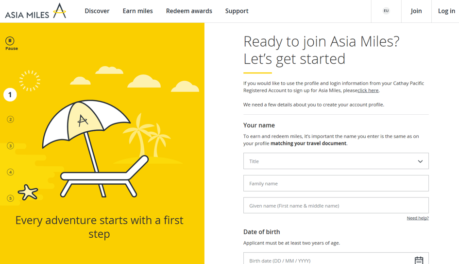 Screenshot der Website Asia Miles, um ein Konto zu erstellen
