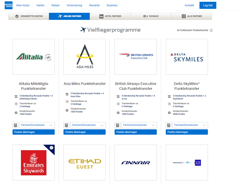 Ansicht der Amex Website und den Vielfliegerprogrammen