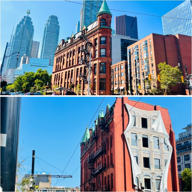 Toronto Sehenswürdigkeiten, Blick auf Flatiron Building, rotes Gebäude in Form eines Bügeleisens 