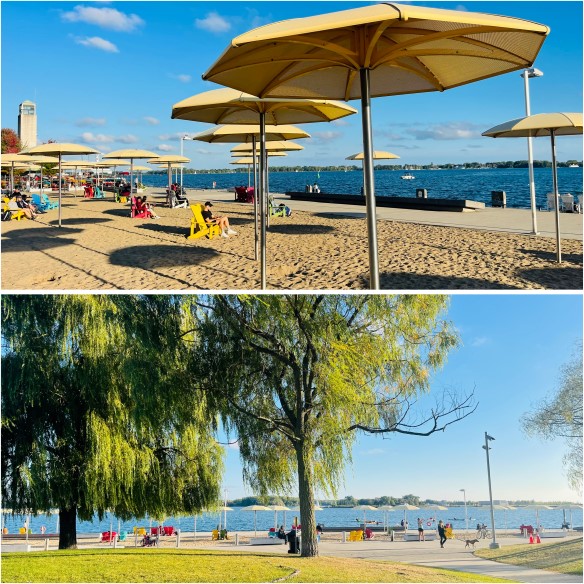 Harbourfront, Collage aus 2 Bildern mit Strand und Grünfläche