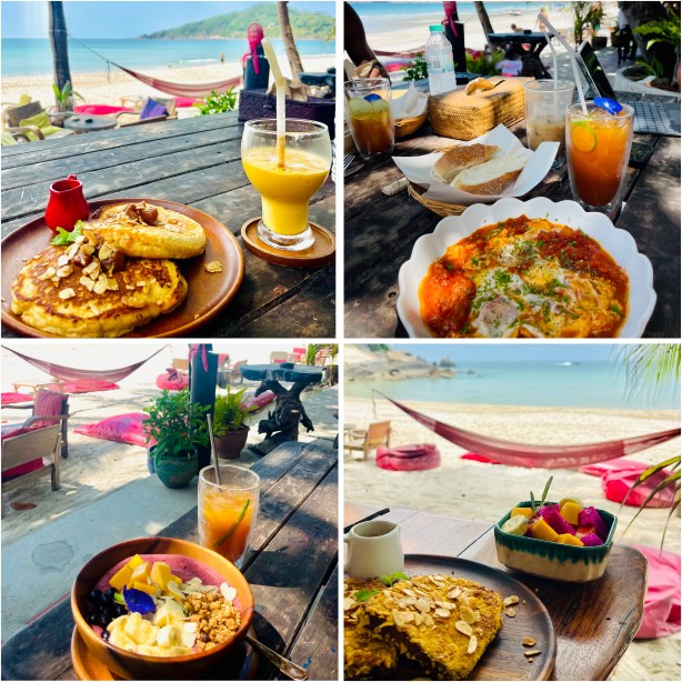 Koh Phangan Restaurants, House of Sanskara, Essensbilder von French Toast, Müsli und Getränken mit Blick aufs Meer