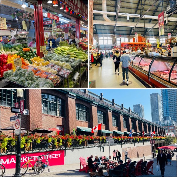 St. Lawrence Market, Blick auf Stand mit Obst und Gemüse, Fleisch und Außenansicht des Gebäudes