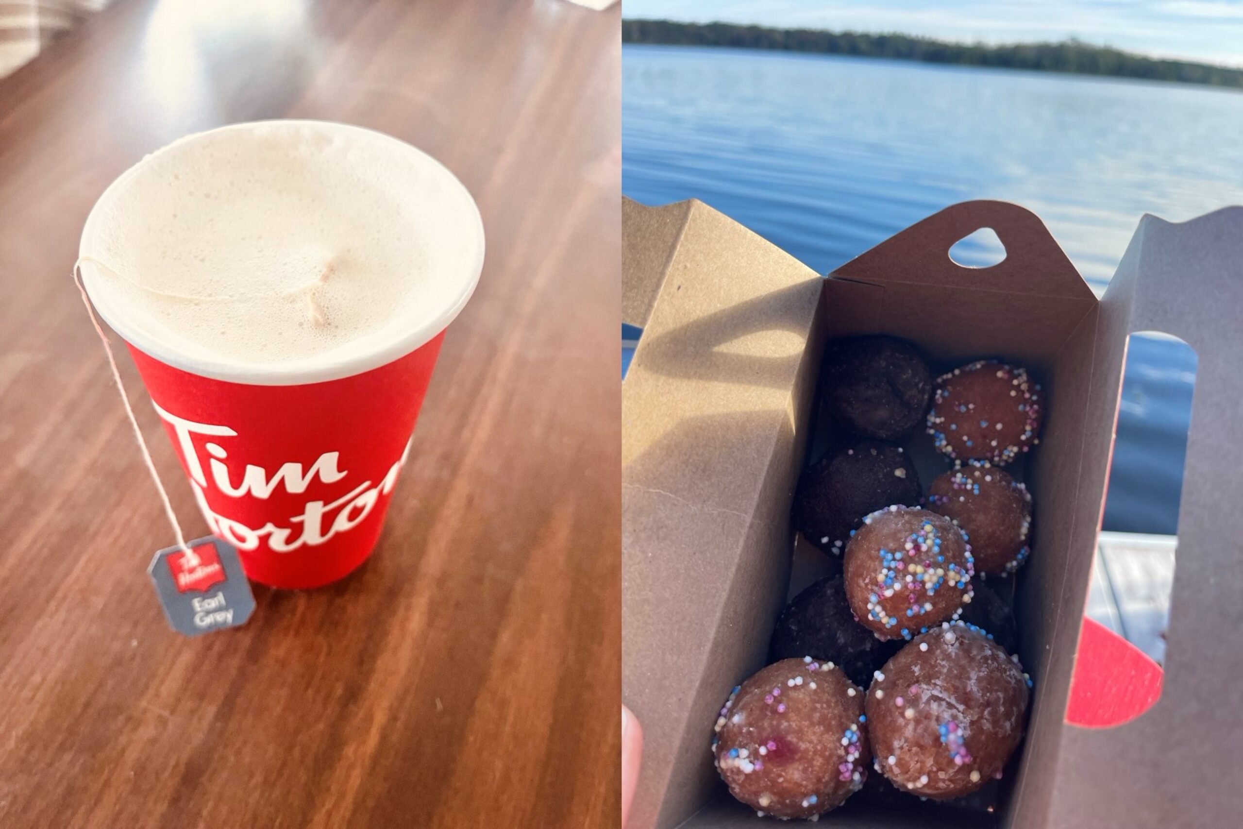 Runde Donut-Kugeln mit bunten Streuseln und roter Becher mit Tee von Tim Hortons