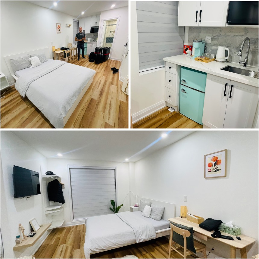 Unsere Unterkunft in Toronto, Collage mit 3 Bildern von Zimmer mit Bett und Küchenzeile