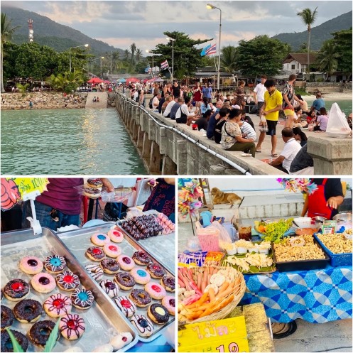 Koh Phangan Märkte, Chaloklum Sunday Market, verschiedene Marktstände und Menschen am Pier