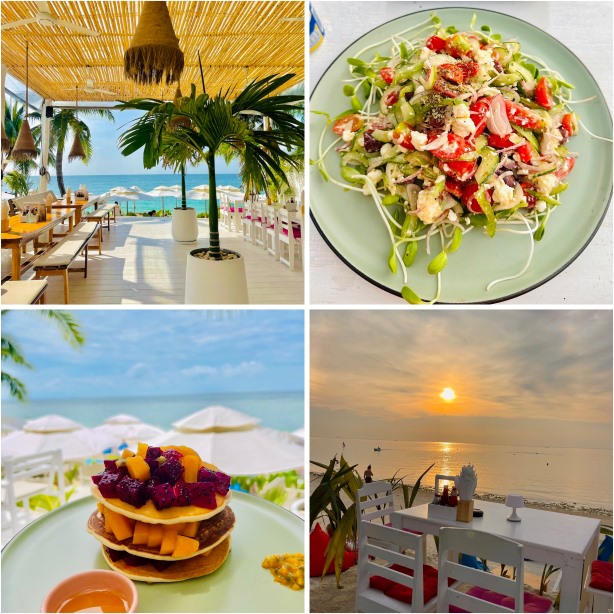 Coco Locco, Blick auf Tische und Stühle des Restaurants am Meer, Teller mit Pancake und Früchten und Teller mit Salat