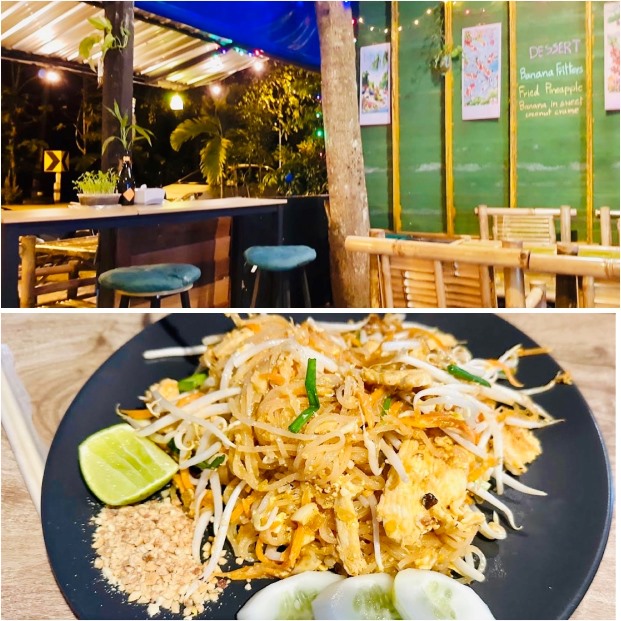 Gummy Bear Restaurant, Teller mit Thai Food und Blick auf Restaurant