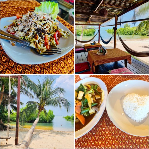 JJ´s, Restaurant auf Koh Phangan, Teller mit Burmese Salad und Gemüse mit Reis, Blick auf Palme am Meer