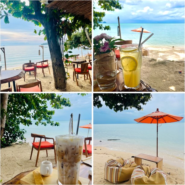 Koh Phangan Restaurants, Kikekla, Stühle und Tische am Strand mit orangen Schirmen