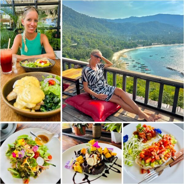 Koh Phangan Restaurants, verschiedenes Essen, Frau auf rotem Sitzkissen mit Meer im Hintergrund