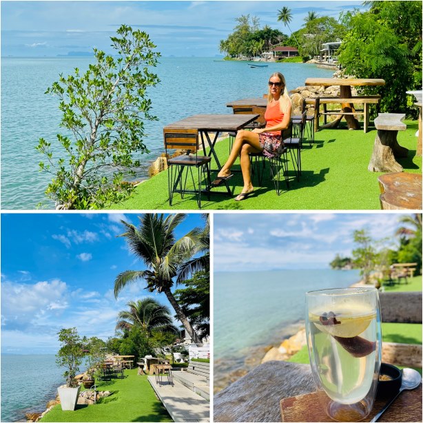 La Casa Tropicana, Collage aus Bildern mit Blick auf Tische und Stühle am Meer