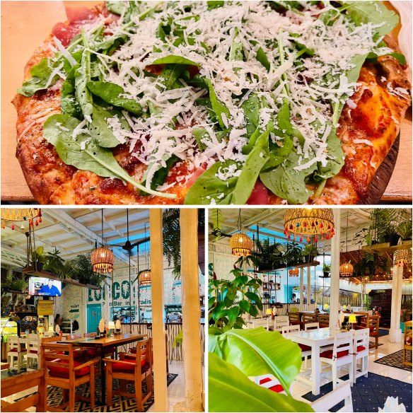 Koh Phangan Restaurants, Loccos, Teller mit Pizza und Blick auf Innenraum des Restaurants