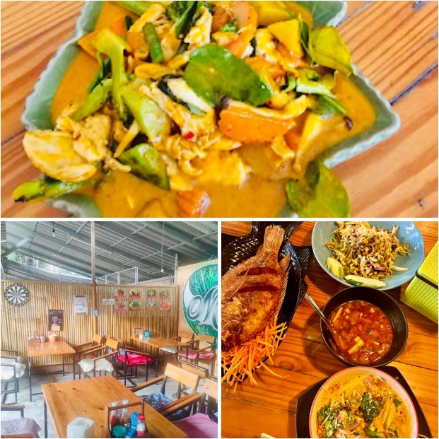 Mama KOP Koh Phangan, Tisch mit verschiedenem Thai Food wie Fisch und Curry