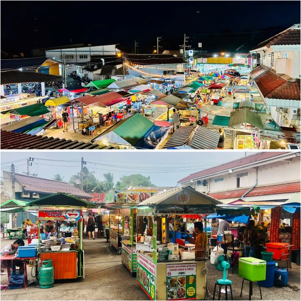 Blick bei Nacht von oben auf beleuchteten Panthip Markt