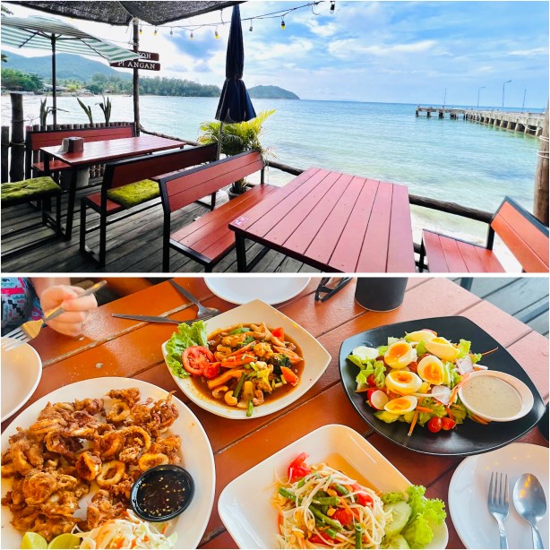 Phorn Restaurant Chaloklum, Tisch mit Calamaris, Salat und Blick aufs Meer