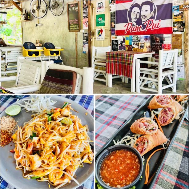 Pum Pui, Tisch mit Frühlingsrollen, Pad Thai und Blick auf Tische und Stühle des Restaurants